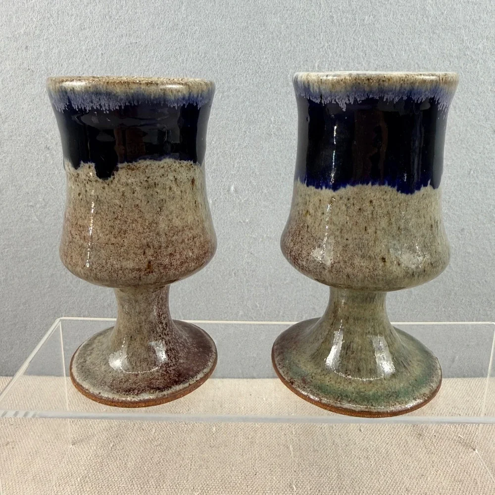 Vintage Studio Pottery Goblet Pair Cobalt Blue Drip Glaze Stoneware MCM